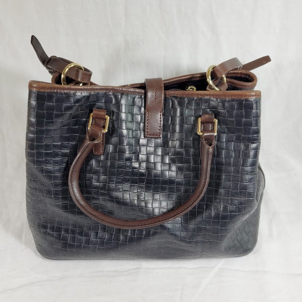 Dooney & Bourke Black Leather Embossed Woven Perry Satchel Bag Purse - Picture 8 of 10